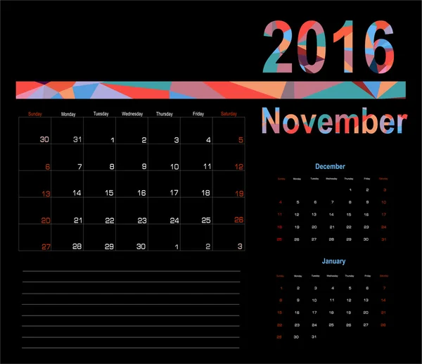 Νοεμβρίου ημερολόγιο Planner 2016 — Διανυσματικό Αρχείο