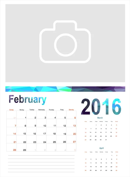 Calendario de febrero 2016 Planificador — Vector de stock