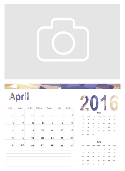 Planner April kalendarz 2016 — Wektor stockowy