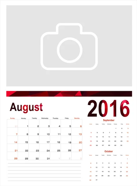 Planejador do calendário de agosto 2016 — Vetor de Stock