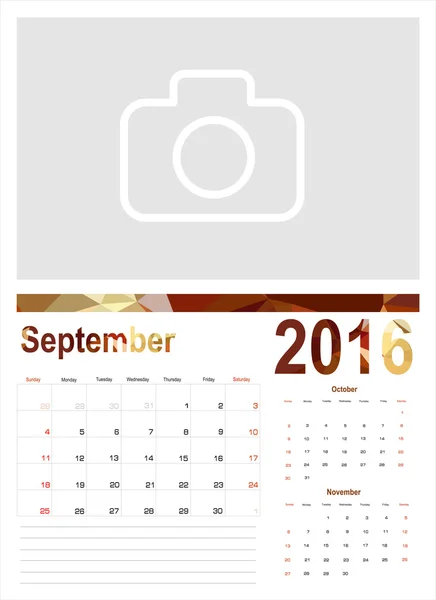 Planejador de calendário de setembro 2016 — Vetor de Stock