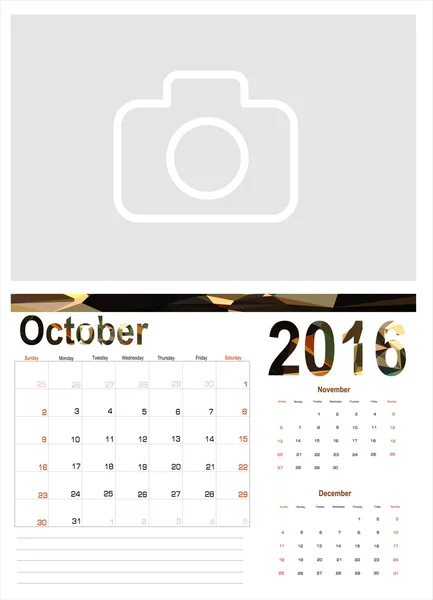 Planejador do calendário de outubro 2016 — Vetor de Stock