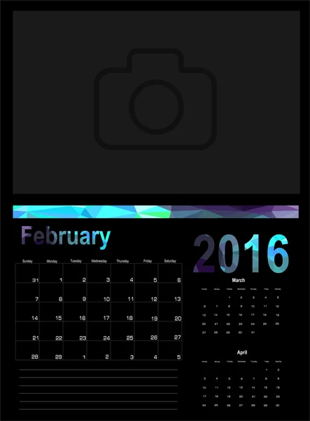 Календарь на февраль 2016 года — стоковый вектор