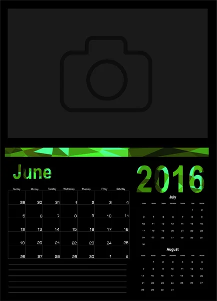 Календарь на июнь 2016 года — стоковый вектор
