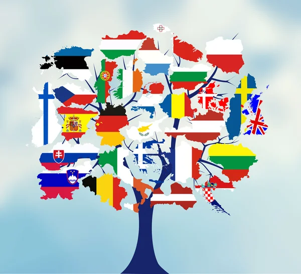 Mapa Bandeiras da Europa em projeto de árvore . — Vetor de Stock