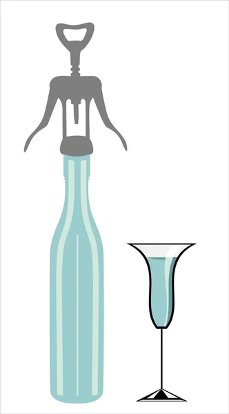 Wijnfles en kurkentrekker en glas — Stockvector