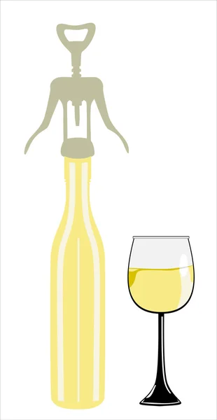 Bouteille de vin et tire-bouchon et verre — Image vectorielle