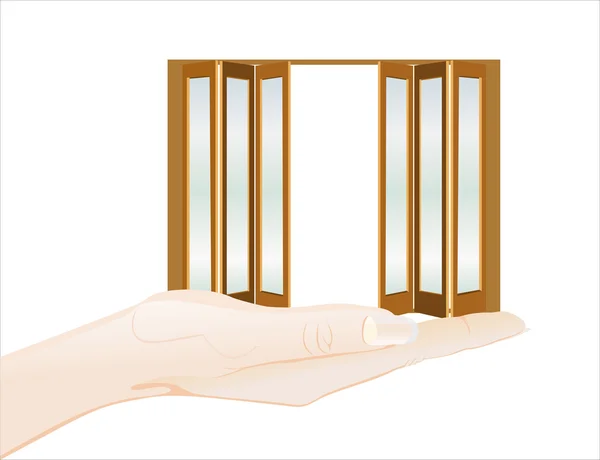 Mano sosteniendo puertas correderas de madera — Vector de stock