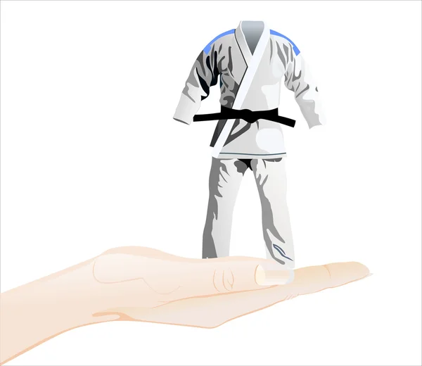 Mano sosteniendo kimono blanco con cinturón negro — Vector de stock