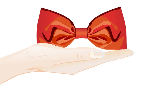 Red bow tie on human hand — Stock Vector