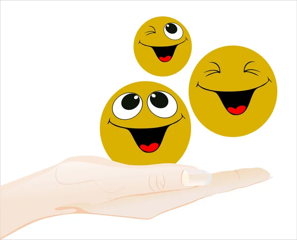 Smiling cartoon faces on human hand — Stock Vector