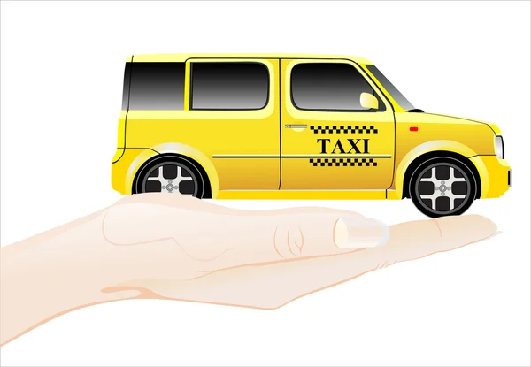 Hand met gele taxi cab — Stockvector