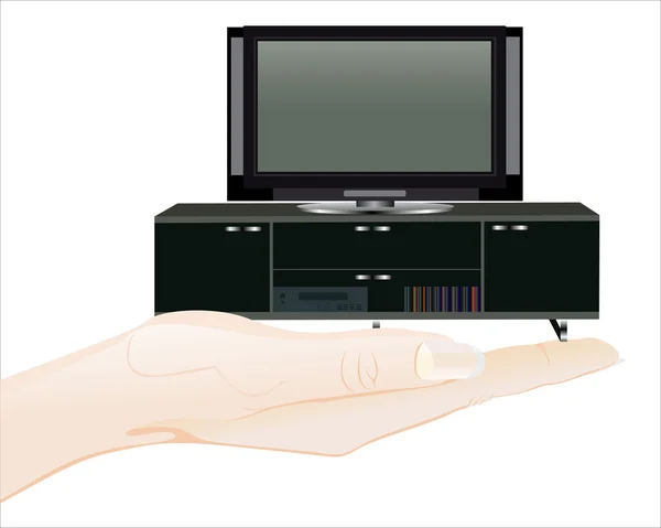 Hand holding modern flat television on TV shelf — Stock Vector