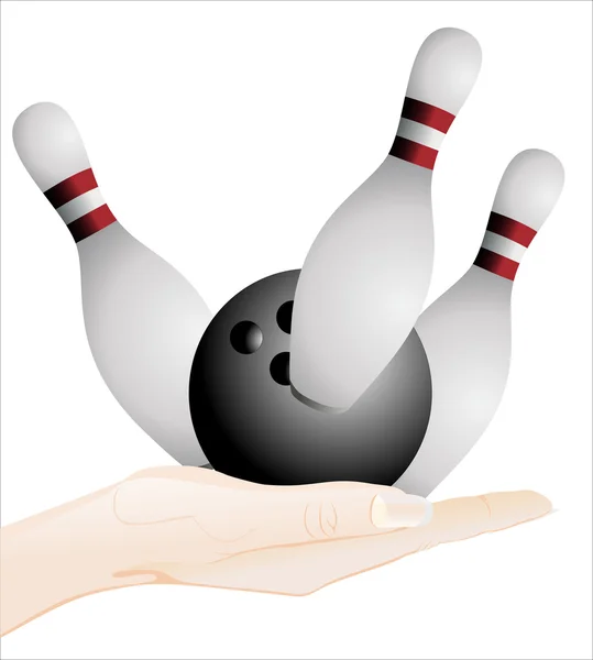 Hand met skittles en zwarte bowlingbal — Stockvector