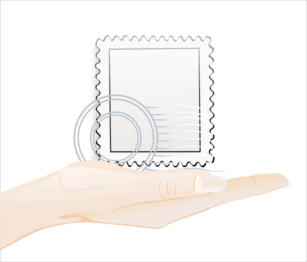 Mano sosteniendo sello postal en blanco — Vector de stock