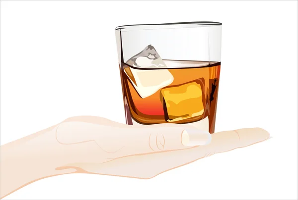 Hand holding whiskey glass and ice cubes — Stock Vector