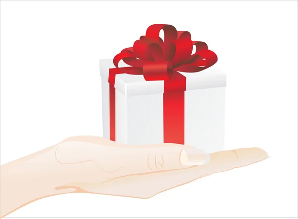 Hand holding gift box with red bow — Stock Vector