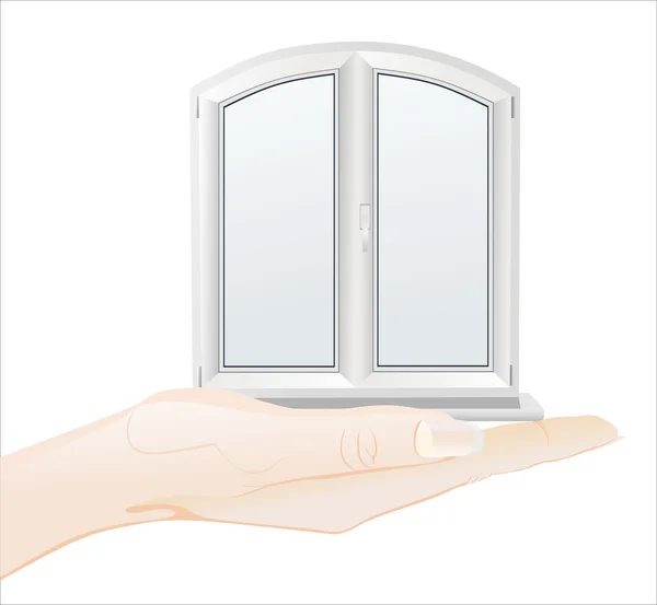 Ręka trzyma białe plastikowe okna — Wektor stockowy