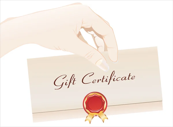 Mujer mano celebración certificado de regalo — Vector de stock