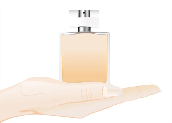 Main femme tenant bouteille de parfum — Image vectorielle