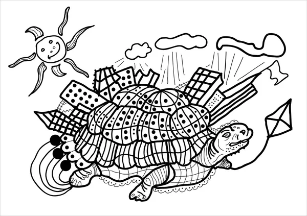 Περιγραμμένη χελώνα κάτω από τον χαμογελαστό της ήλιο — Διανυσματικό Αρχείο