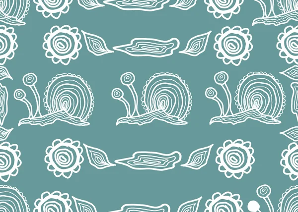 Motif avec escargots gribouillis et fleurs — Image vectorielle