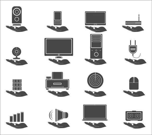 Digitale gadgets op menselijke hand pictogrammen — Stockvector