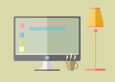 bilgisayar ekranı, fincan kahve ve lamba