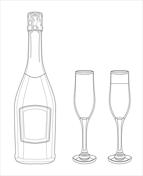 Garrafa de champanhe e dois copos —  Vetores de Stock