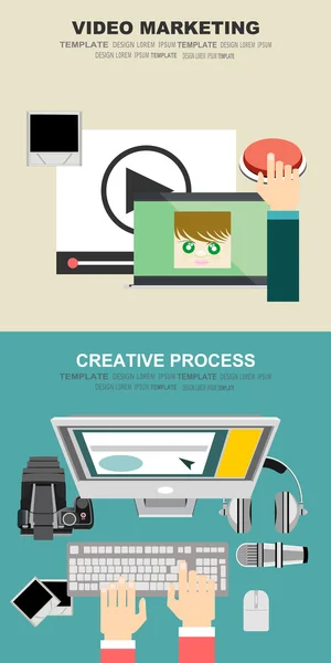 Conception plate pour le processus créatif et le marketing vidéo — Image vectorielle