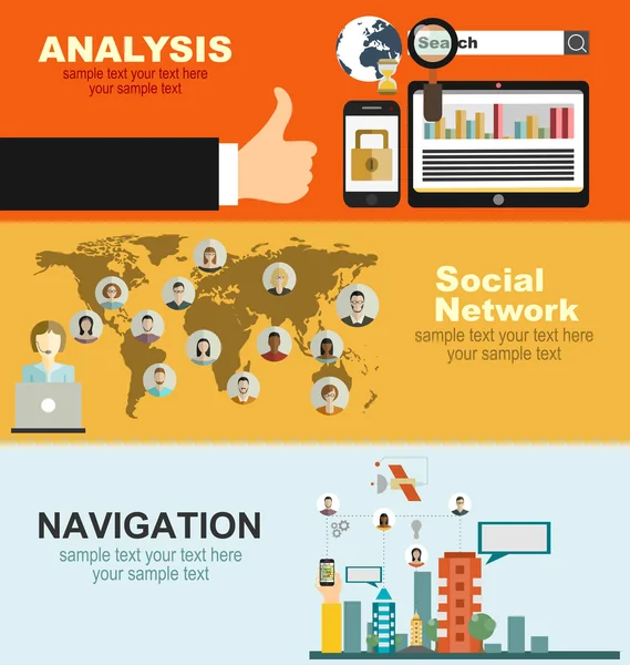 Globalt socialt nätverk, analys och navigation — Stock vektor