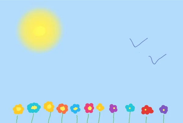 太陽と青い空に小さな幸せの手描きの花 — ストック写真