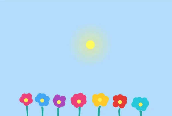 Piccoli Fiori Disegnati Mano Felici Cielo Blu Con Sole — Foto Stock