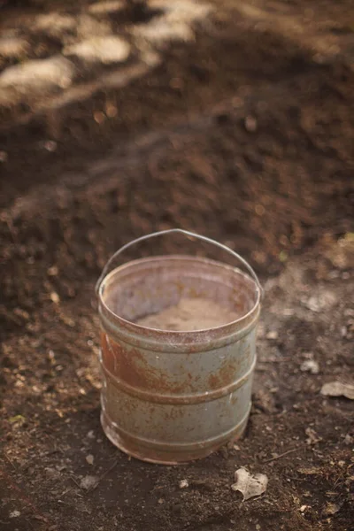 Old Tall Bucket Sand Stands Vegetable Garden Damp Soil — Stock Photo, Image