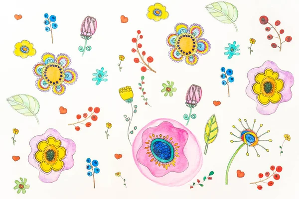 Letni Botaniczny Wzór Narysowany Ręcznie Kompozycja Kwiatowa Słodkich Kwiatów Liści — Zdjęcie stockowe
