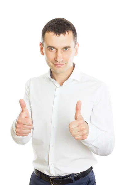 Энтузиастичный бизнесмен с большими пальцами вверх — стоковое фото