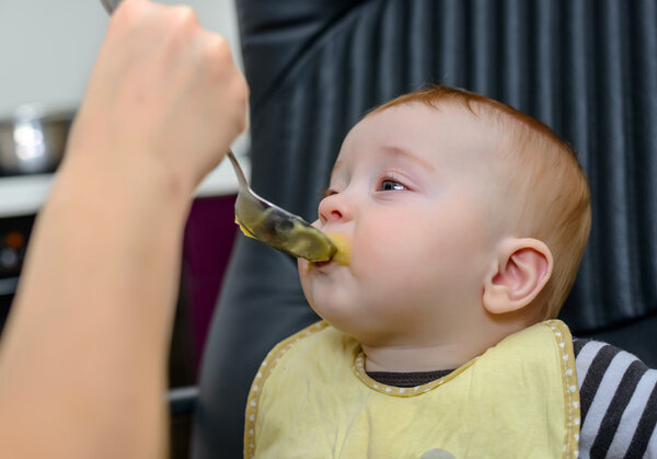 Cute Baby Boy on Chair Eating Healthy Food