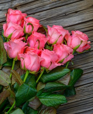 Ahşap masa üzerinde gül üzerinde kapat