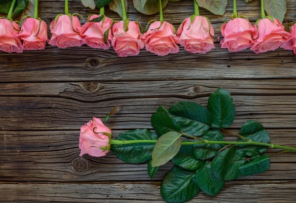 Rosa rosor rustik alla hjärtans dag bakgrund — Stockfoto