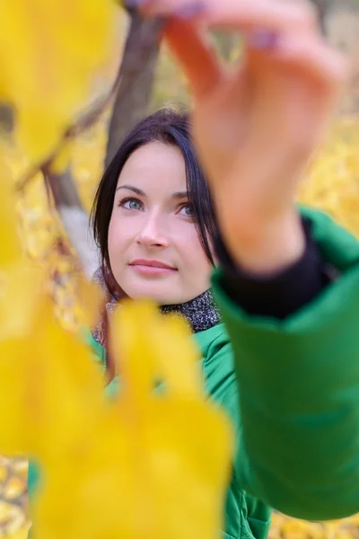 Face of smiling woman surrounded by tree leaves — Stock Photo, Image