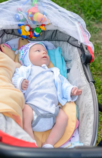 Entzückender kleiner Junge liegt im Kinderwagen — Stockfoto