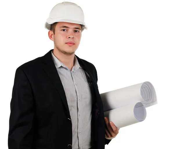 Young architect or engineer with blueprints — Stock Photo, Image