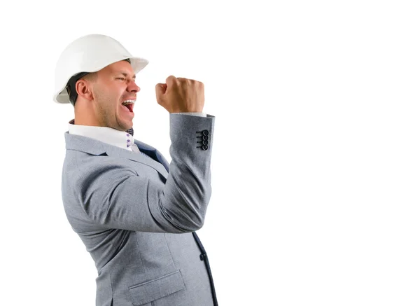 Man dragen van een veiligheidshelm juichen in gejubel — Stockfoto
