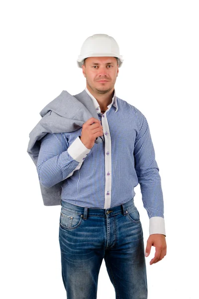 Workman or builder pointing up to blank copyspace — Stock Photo, Image