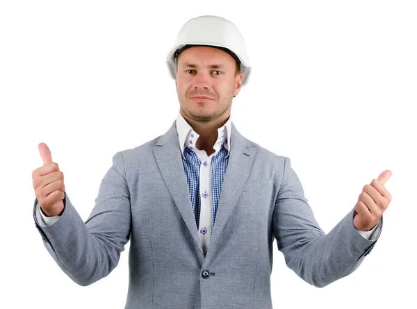 Hombre vistiendo un hardhat animando en júbilo — Foto de Stock