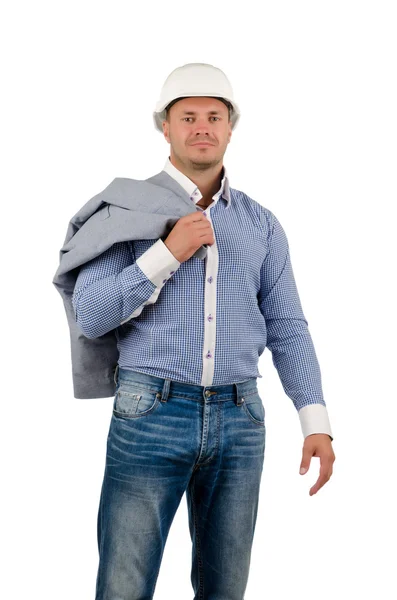 Workman or builder pointing up to blank copyspace — Stock Photo, Image