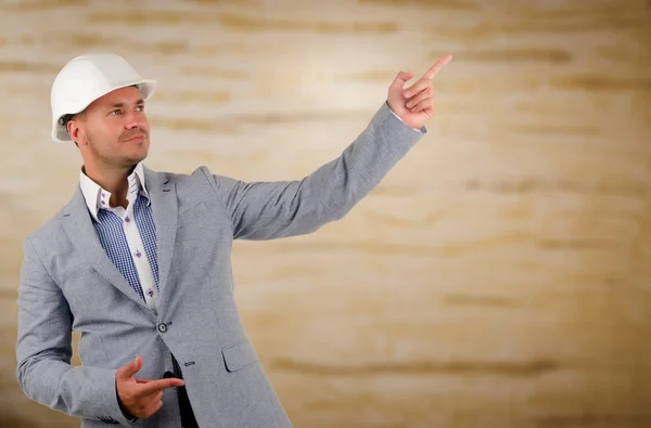 Macro Middle Age Male Engineer Pointing Up — Stock Photo, Image