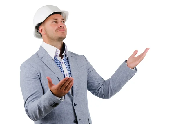 Open Armed Middle Age Engineer in Helmet — Stock Photo, Image