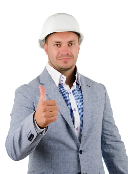 Hombre vistiendo un hardhat animando en júbilo — Foto de Stock