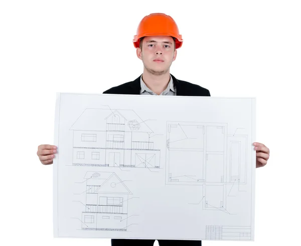 Young Engineer in Orange Helmet Showing Blueprint — Stock Photo, Image